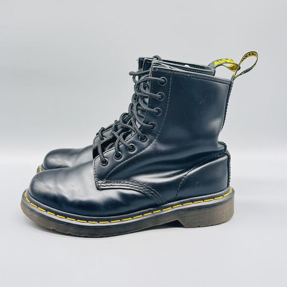 Dr Martens Boot Women 6 Black Leather Ankle Lace Up Combat AirWair Yellow Stitch - Picture 4 of 11